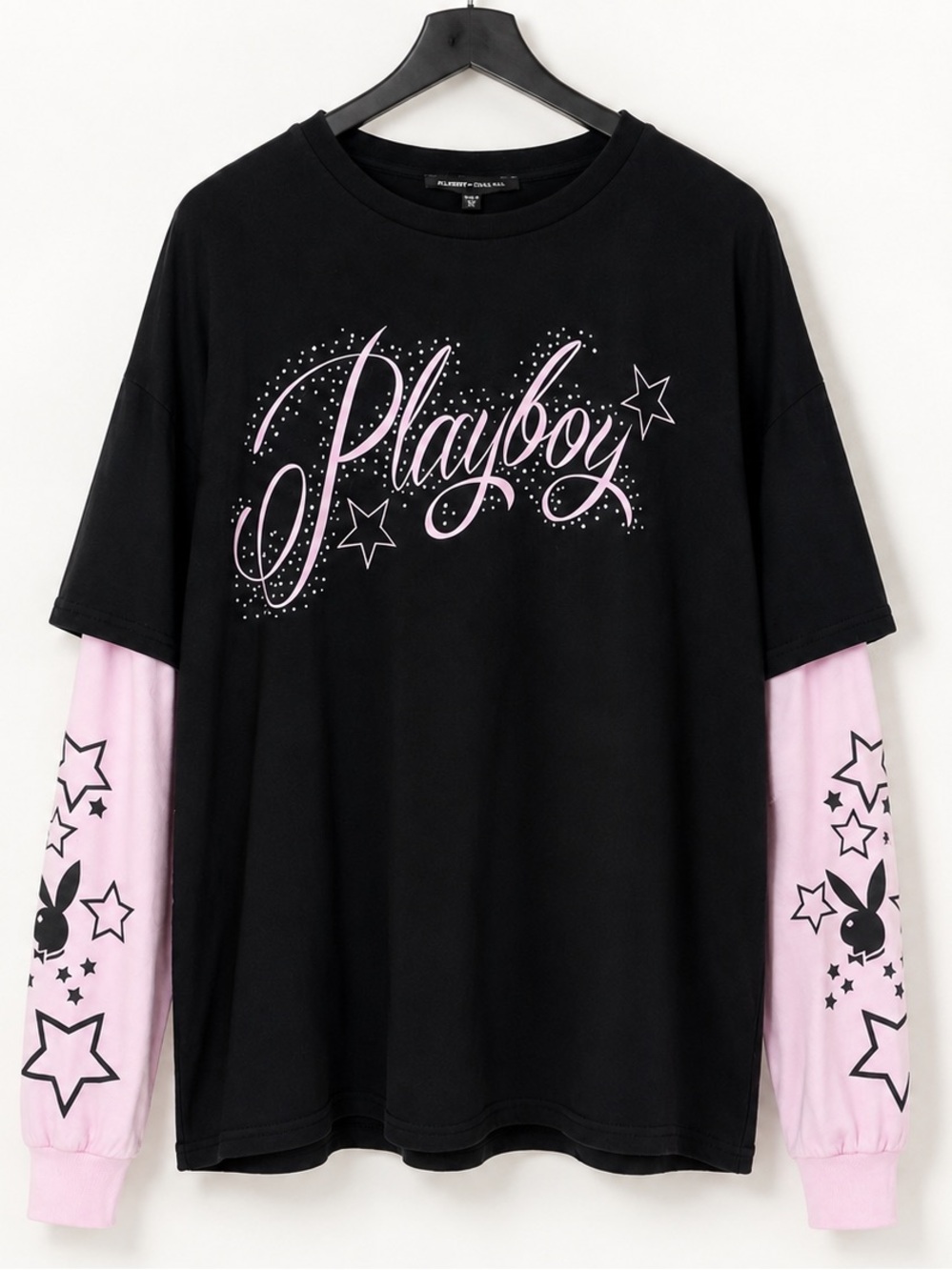 PLAYBOY Black Tee with Pink Layered Long Sleeves